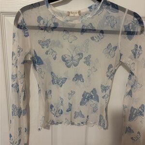 Altar'd State Blue Butterfly Sheer Mesh Top